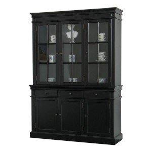 Schwarze, antik patinierte 3-türige Vitrine Amaretta mit Glasfronten und Schubladen.