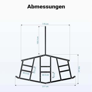 Wiltec Schleppegge 217x106cm: Technische Zeichnung der Wiesenegge mit detaillierten Abmessungen für Rasentraktor.