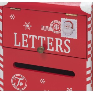 Detailaufnahme: Roter Deko-Briefkasten aus Holz mit weihnachtlichen Motiven, 17x30 cm.