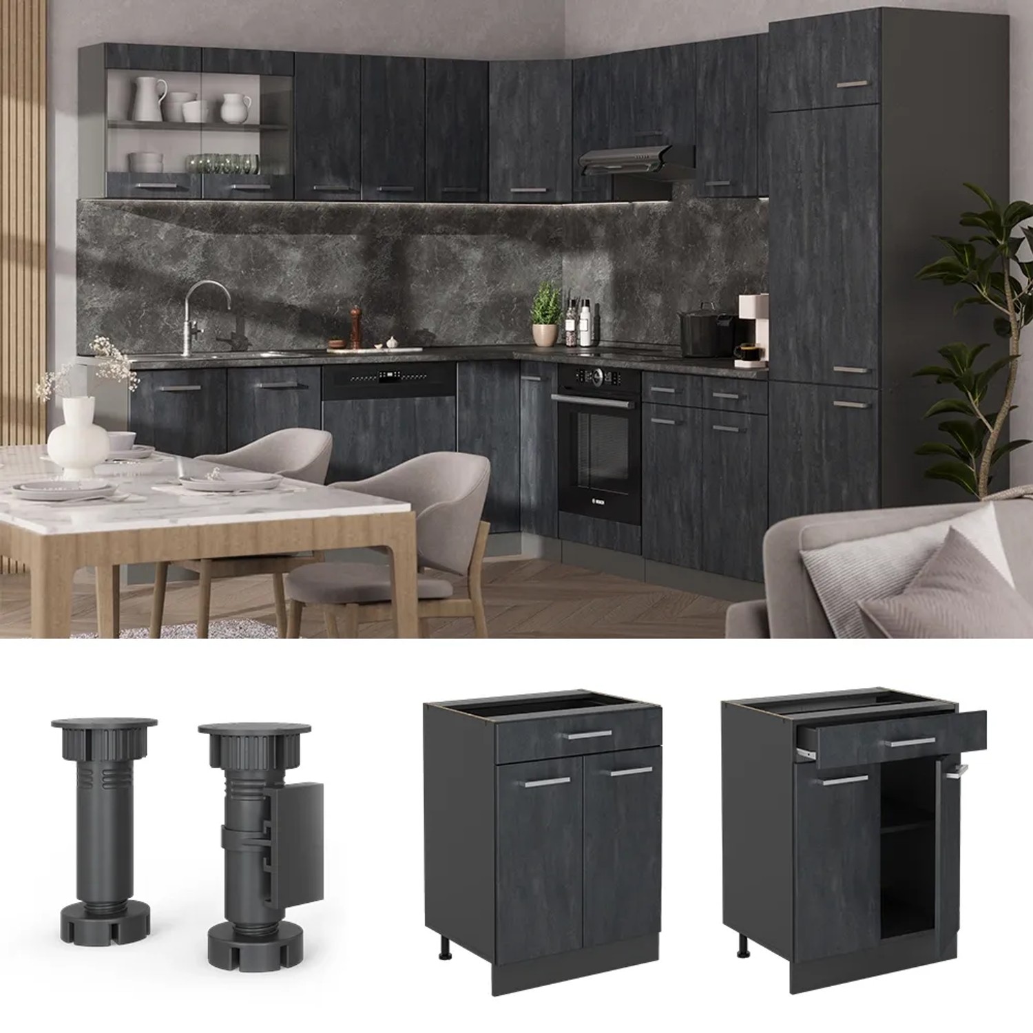 Vicco Küchenunterschrank R-Line, 80 cm, Schwarz Beton/Anthrazit mit Eiche Arbeitsplatte.