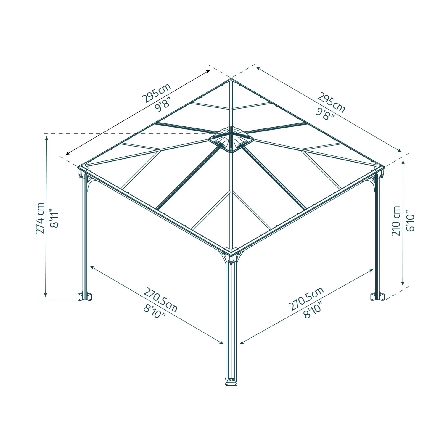 Technische Zeichnung: Canopia Gartenpavillon Palermo 3 x 3 in Anthrazit mit Maßangaben.