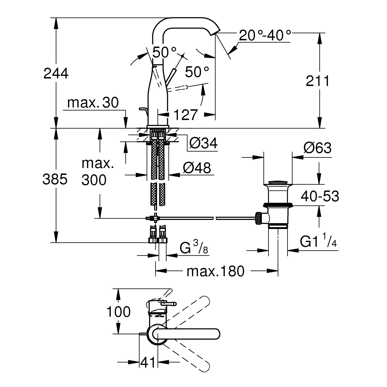 Technische Zeichnung Grohe Essence Waschtischarmatur L-Size, Hard Graphite, mit Maßen.