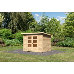 Karibu Holz-Gartenhaus Sitten mit Pultdach, unbehandelt, 242x182 cm. Naturholz mit Doppeltür und Fenstern.