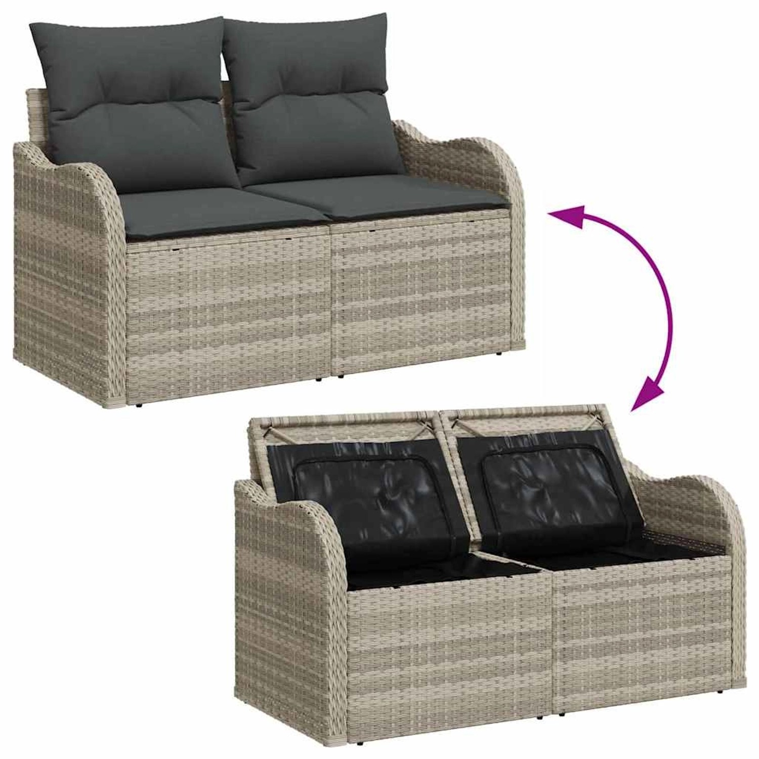 Hellgraues vidaXL Garten-Sofa-Set aus Poly Rattan mit Kissen und Stauraumfunktion.