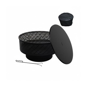 Schwarze Stahl-Feuerschale mit Grillrost, Deckel, Schürhaken und wasserdichter Abdeckung für Garten.