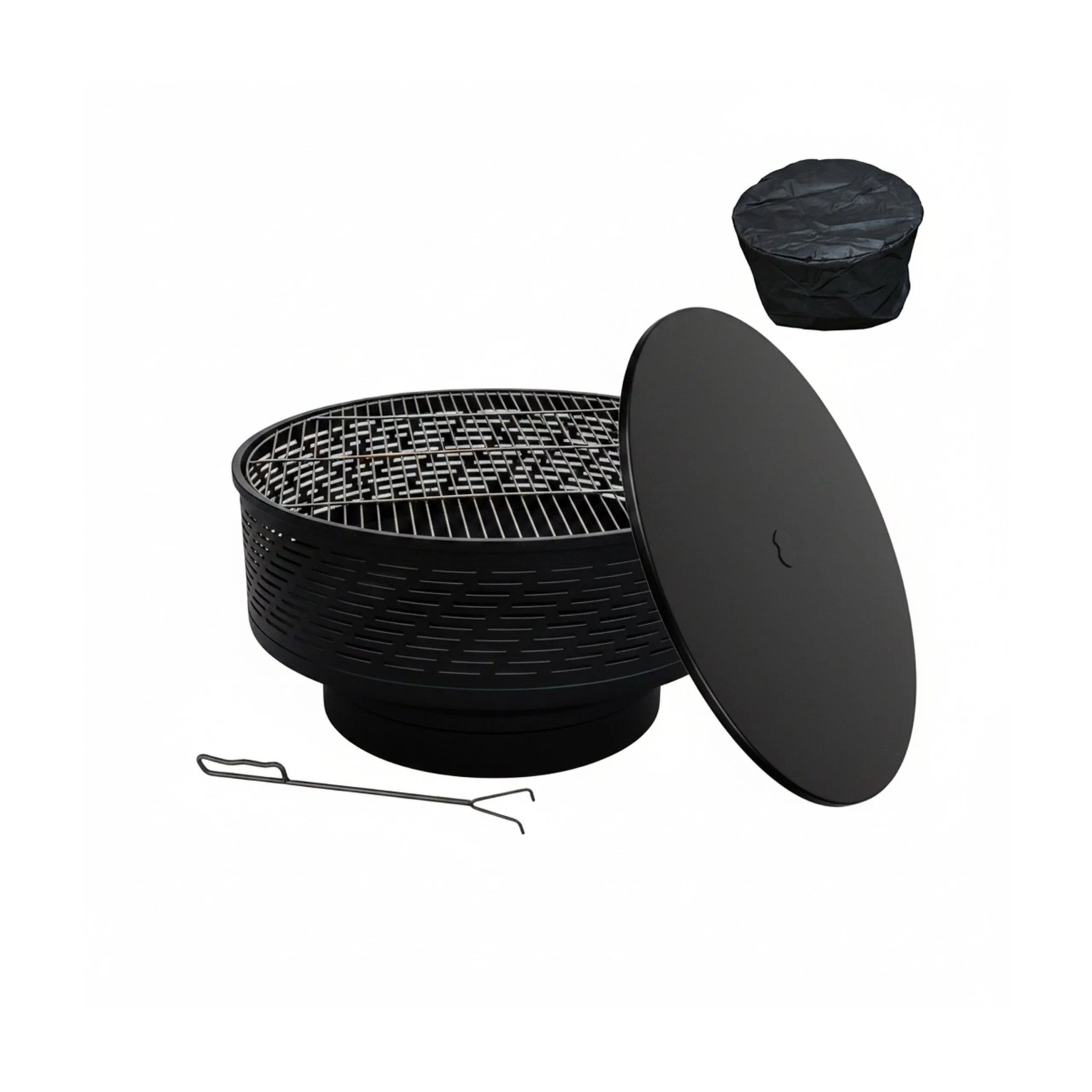 Relaxdays Feuerschale Stahl Schwarz mit Deckel Grillrost Wasserdicht 38 cm x 66 cm 10 kg