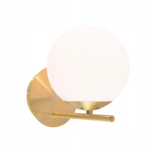 Moderne goldene Wandleuchte mit weißer Glaskugel. Elegante E27-Lampe aus Glas und Metall für sanftes Licht, max. 40W.