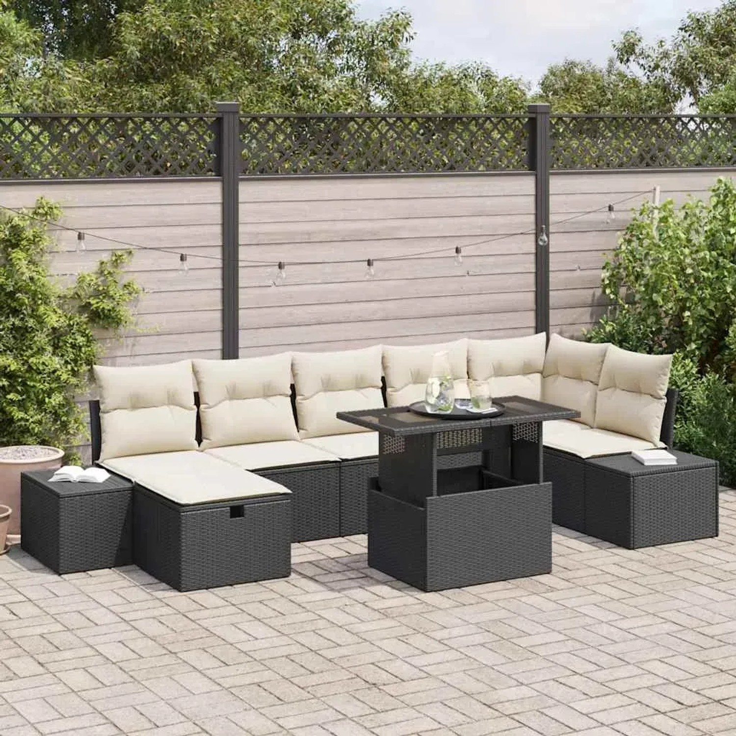Schwarzes 8-tlg. vidaXL Garten-Sofa-Set aus Poly Rattan mit verstellbarem Tisch.