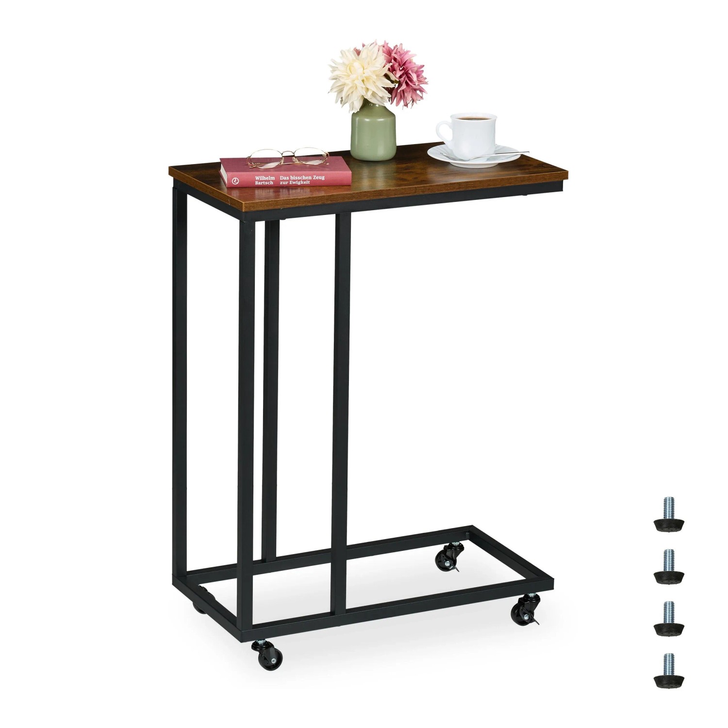 Relaxdays Beistelltisch Stahl MDF Schwarz Rollbar 79 cm x 60 cm x 30 cm 4,5 kg