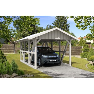 Weißer Skan Holz Carport Schwarzwald mit Rückwand und Auto. Ideal als Unterstand.