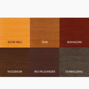 Farbmuster für Bondex Holzlasuren: Eiche hell, Teak, Mahagoni, Nussbaum, Rio-Palisander, Dunkelgrau.