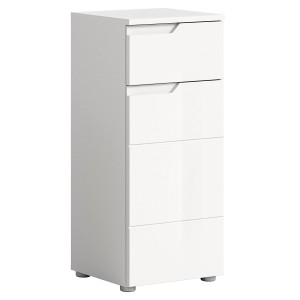Weißer Hochglanz Standschrank Solero mit zwei Schubladen und Schrankfach. Modernes Badmöbel für Stauraum.