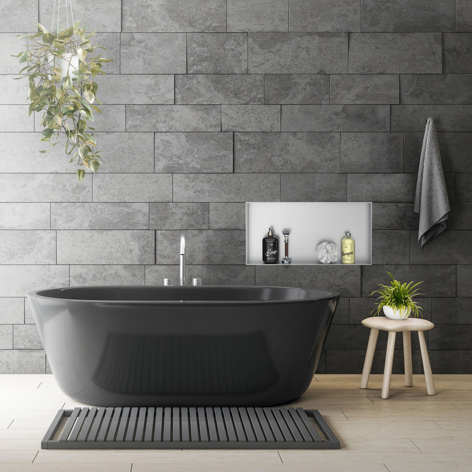 Silberne LuxeBath Wandnische 60x30x10 cm aus Edelstahl als Duschregal im Badezimmer.