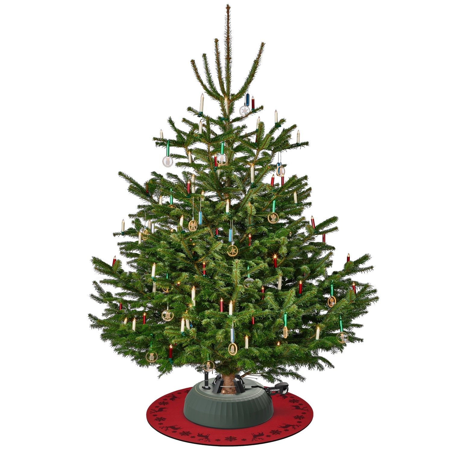 Geschmückter Weihnachtsbaum auf roter Krinner Unterlegdecke (Ø 60 cm).