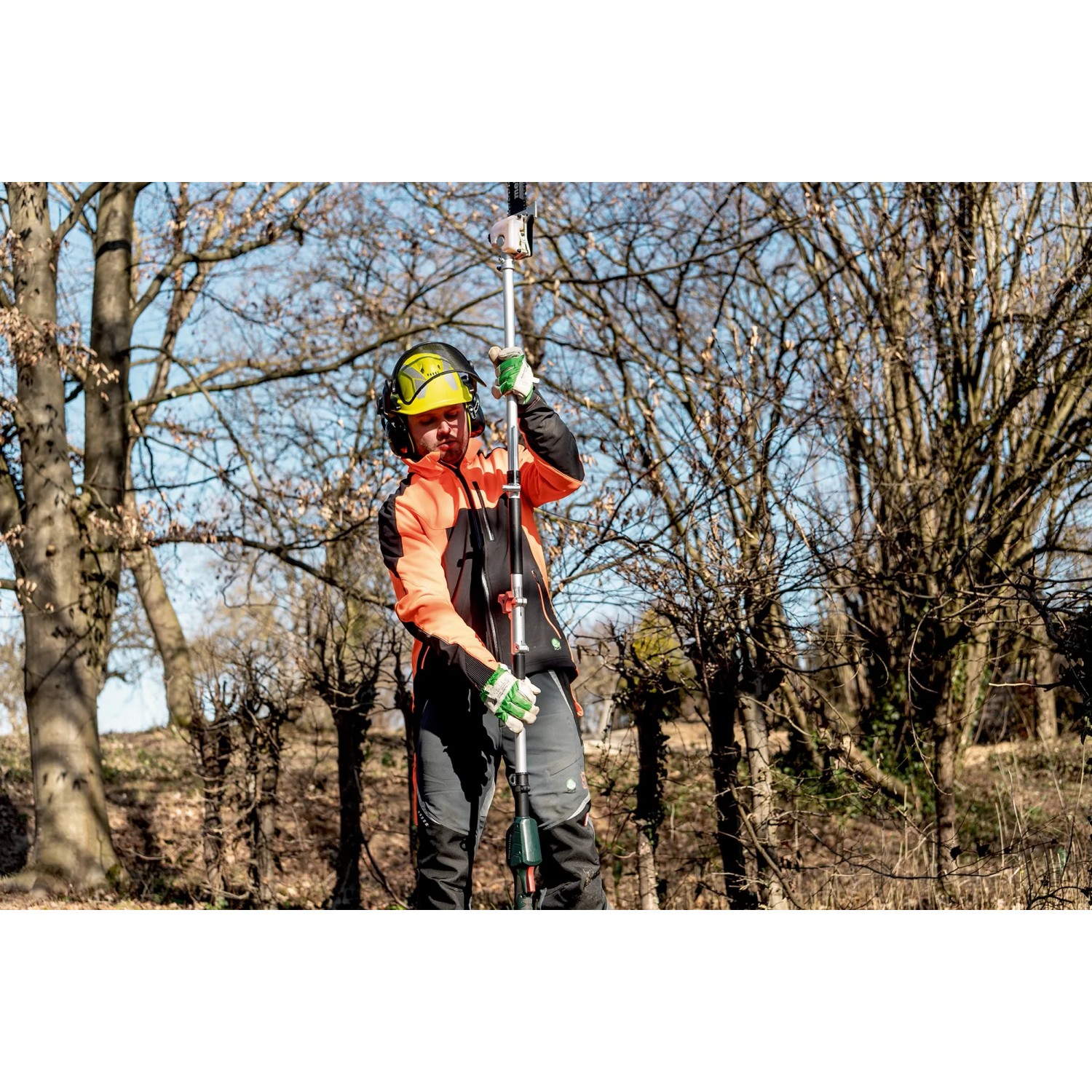 Mann mit Metabo Hochentaster-Aufsatz MA-MS 25 bei der Baumpflege.