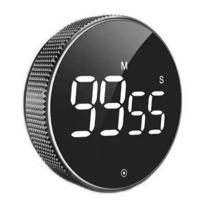 Runder, schwarzer digitaler Küchentimer mit LED-Display, Drehring und Magnet. Moderner Küchenwecker aus Kunststoff.