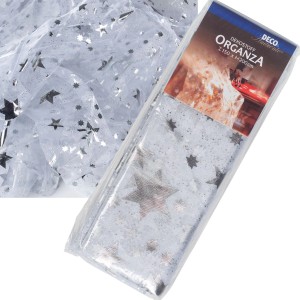 Videx Dekostoff Organza mit Sternen in Weiß-Silber, transparent, für festliche Dekorationen.