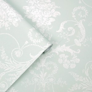 Laura Ashley Vliestapete Josette Duck Egg mit floralem Damastmuster.