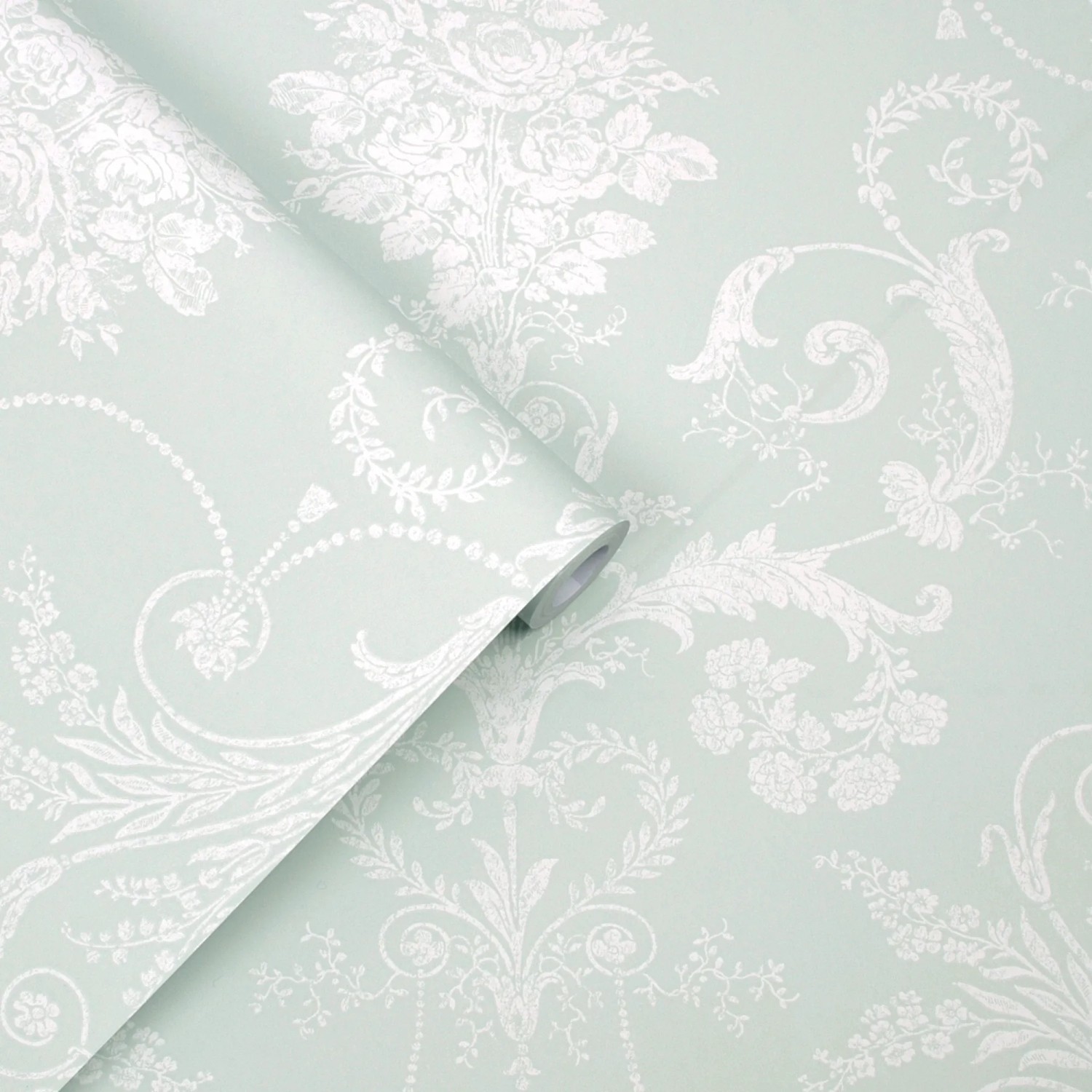 Laura Ashley Vliestapete Josette Duck Egg mit floralem Damastmuster.