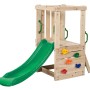 Swing King Spielturm Mari aus Holz mit grüner Rutsche und Kletterwand mit bunten Steinen.