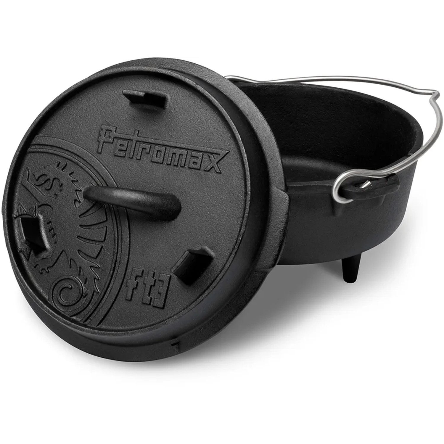 Schwarzer Petromax Dutch Oven FT3 mit Deckel, planem Boden und Henkel. Ideal zum Kochen im Freien.