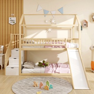 Helles Massivholz Kinderhochbett 90x200cm mit Rutsche und Treppe mit Stauraum. Sicheres Bett in Holzfarbe für Kinder.