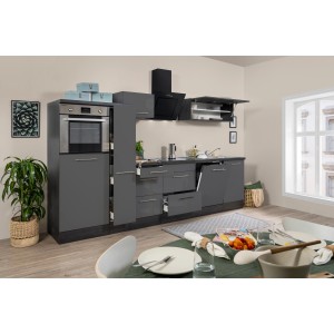 Respekta Premium Küchenzeile 310 cm in Grau Hochglanz-Eiche Grau mit E-Geräten.