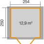 Grundriss Weka Holz-Gartenhaus Parma, Satteldach, 254x273 cm, lasiert. Maße: 254 x 250 cm, Volumen: 12,9 m³.
