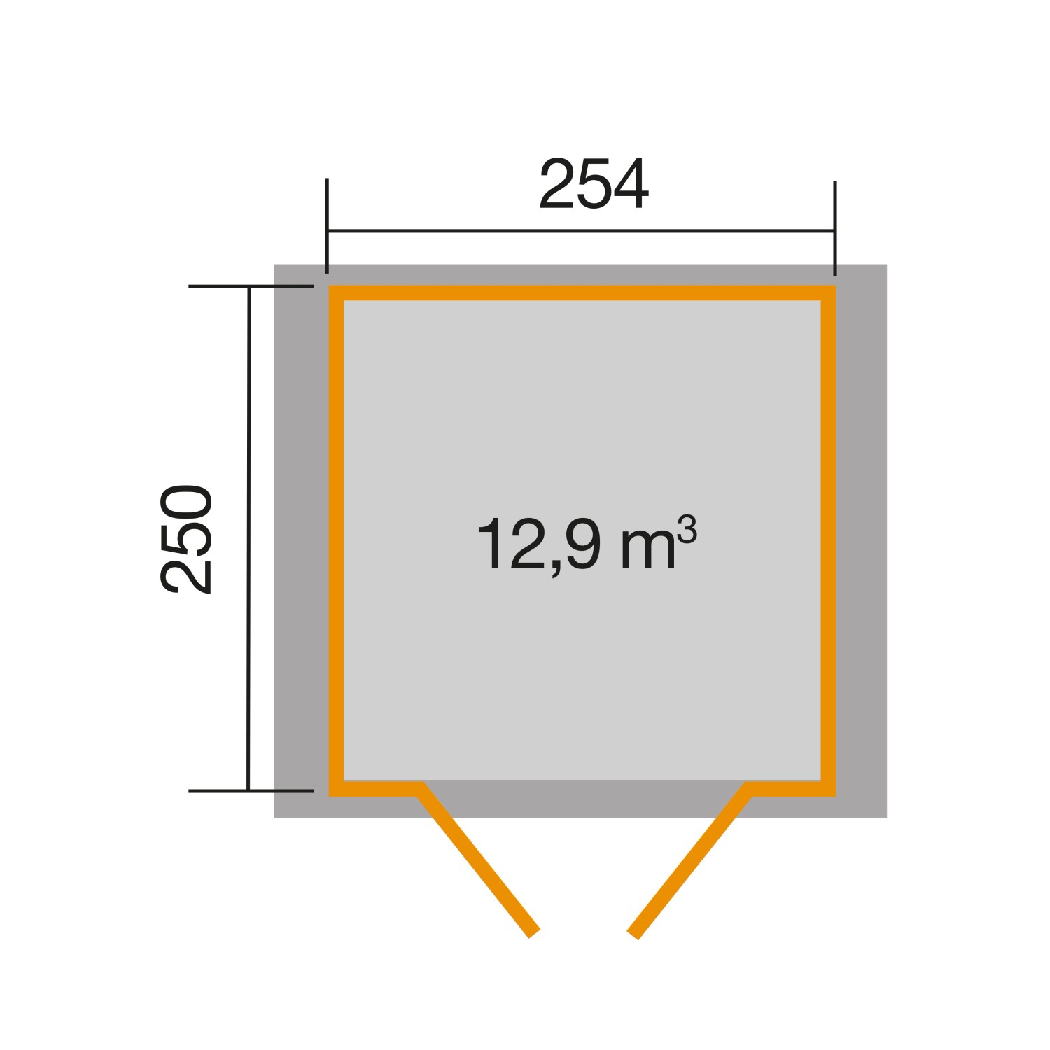 Grundriss Weka Holz-Gartenhaus Parma, Satteldach, 254x273 cm, lasiert. Maße: 254 x 250 cm, Volumen: 12,9 m³.