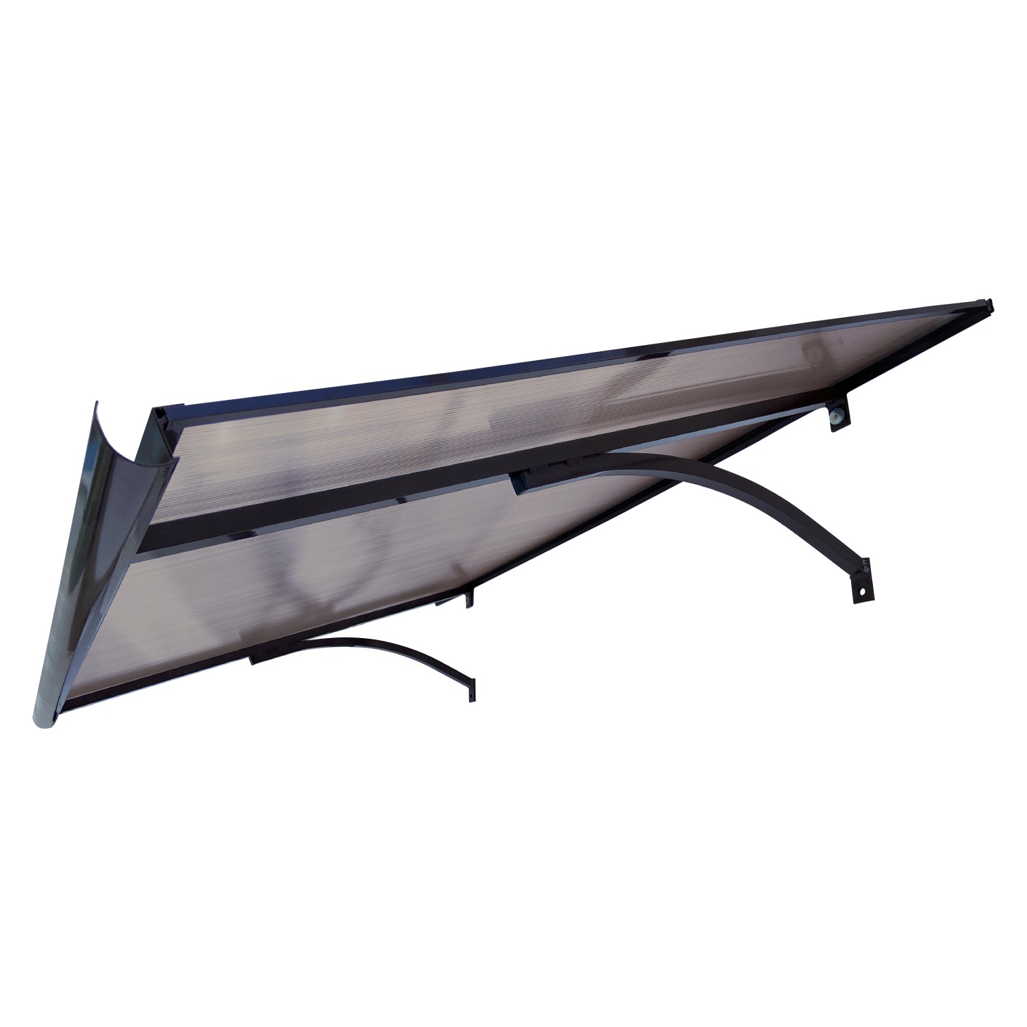 Braunes STARKEDACH Vordach Straight T-160 mit Polycarbonatbeschichtung und Aluminiumrahmen.