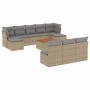 Beige vidaXL Garten-Sofagarnitur (11-tlg) aus Poly Rattan mit Tisch und hellgrauen Kissen.