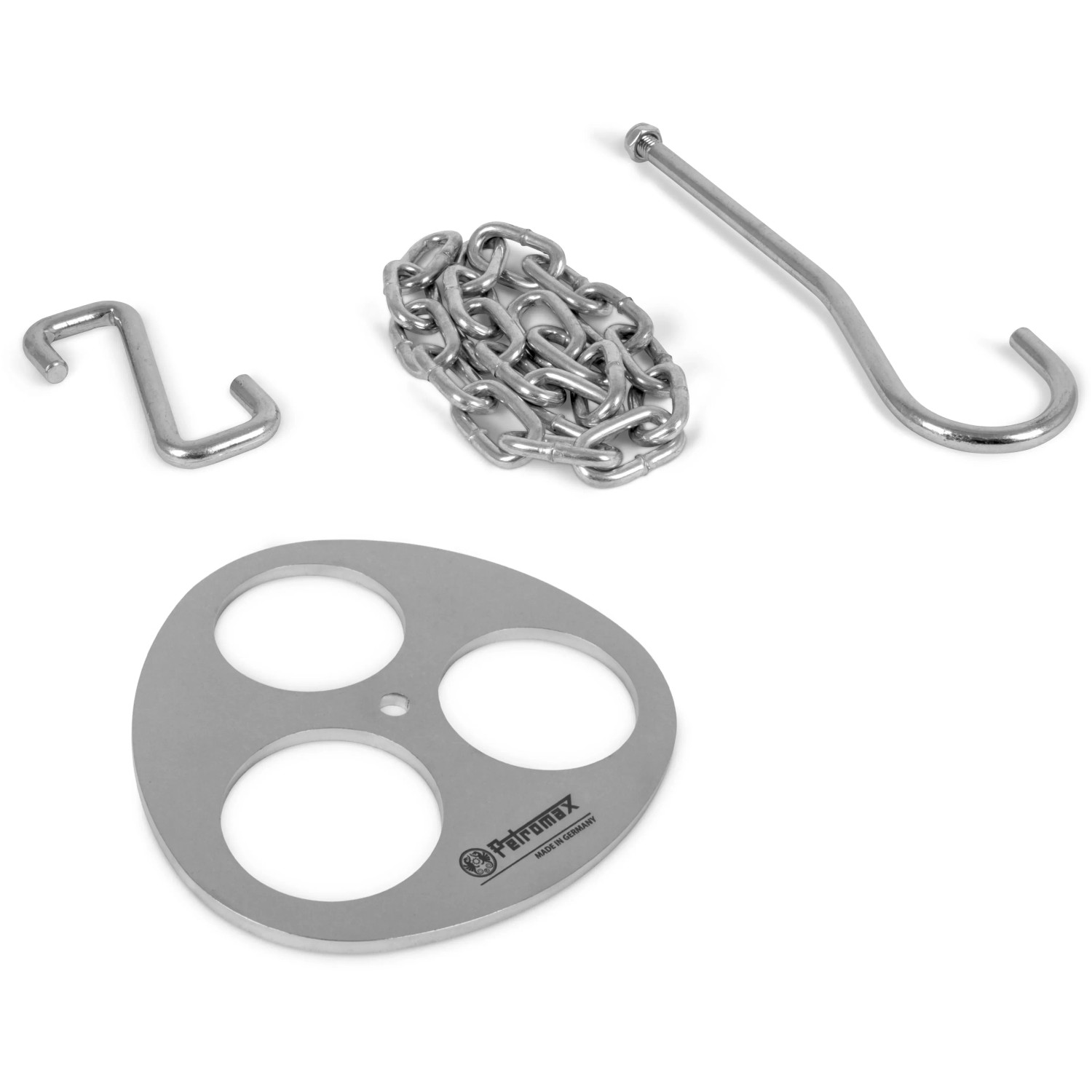 Dreibein-Ring Groß aus Edelstahl mit Kette und Haken für Grillutensilien.