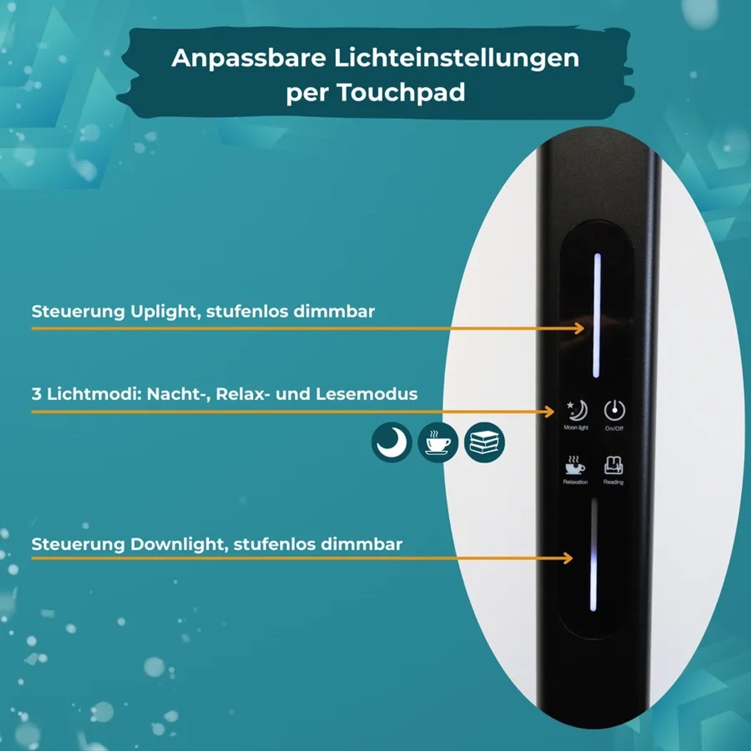 Detailaufnahme der LUXULA LED Stehlampe mit Touchpad zur Steuerung von Lichtmodi und Dimmung.