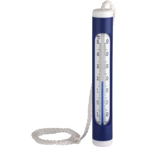 TFA Dostmann Schwimmbadthermometer mit blauem Gehäuse und weißer Skala mit Befestigungsleine.