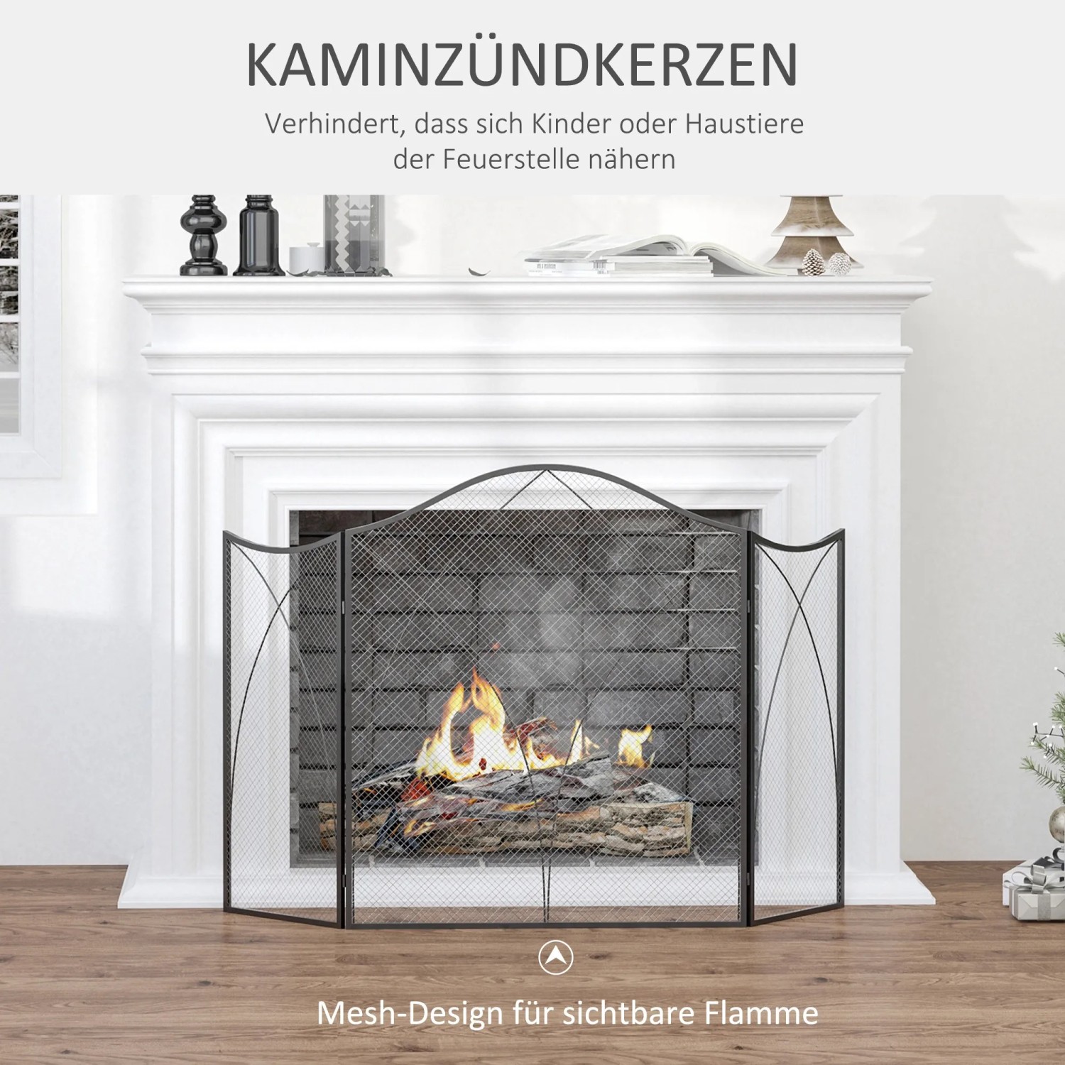 Schwarzes, faltbares HOMCOM Kaminschutzgitter aus Metall vor einem Kaminfeuer.
