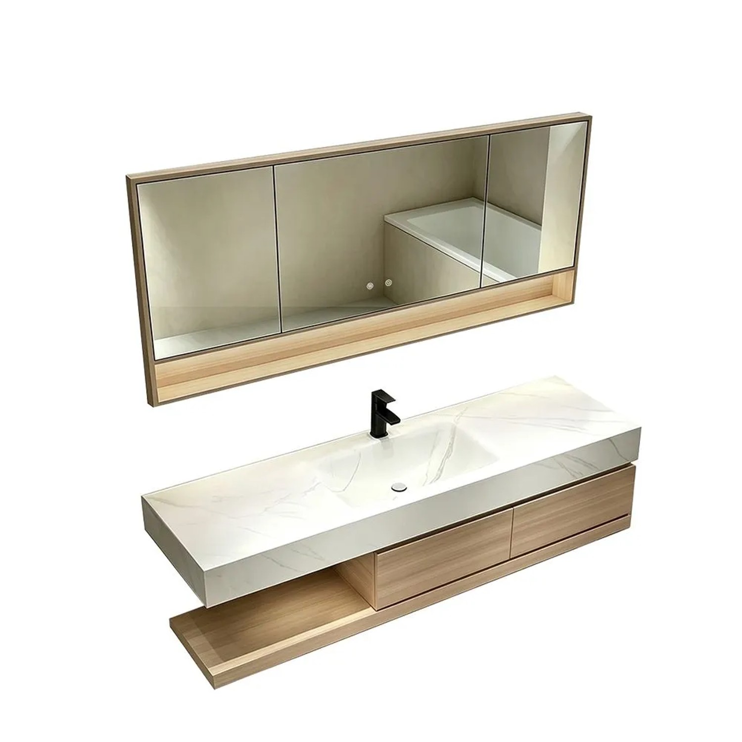 360Home Badmöbel Set Mit Sinterstein Waschbecken Wandhängendem Unterschrank Und Spiegelschrank 140 CM RW2032JG140K
