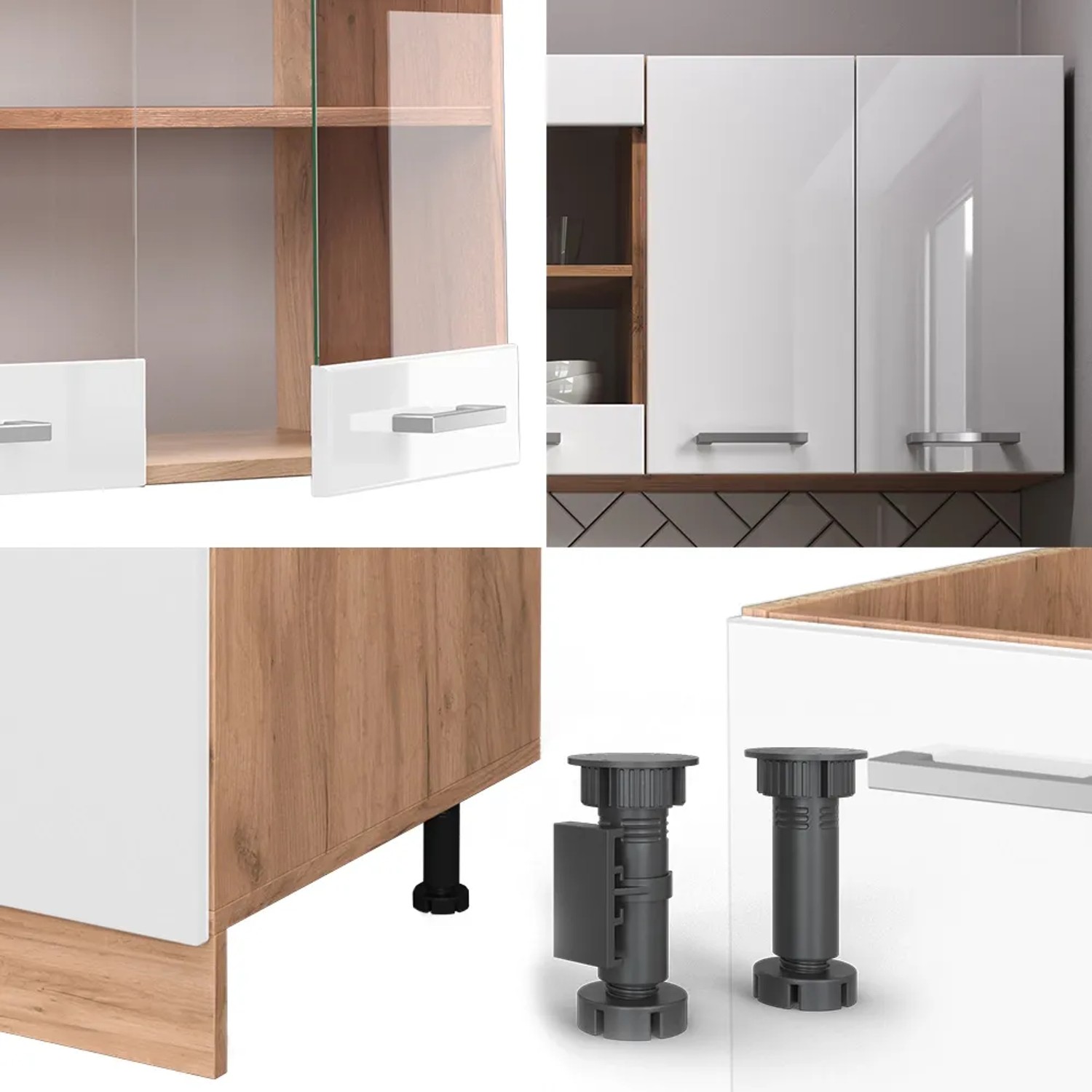Vicco Singleküche, 140cm, Weiß Hochglanz/Eiche, Details von Fronten, Füßen und Hängeschränken.