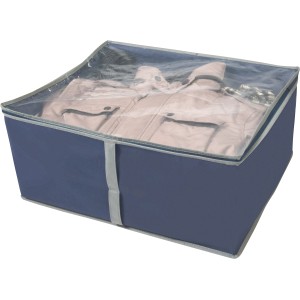 Blaue Aufbewahrungstasche M aus Vlies mit Sichtfenster, gefüllt mit Kleidung.