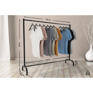 Schwarzer DELUKE Kleiderständer NOAH aus Metall, 150x120x38cm, mit hängender Kleidung. Robuste Garderobe.