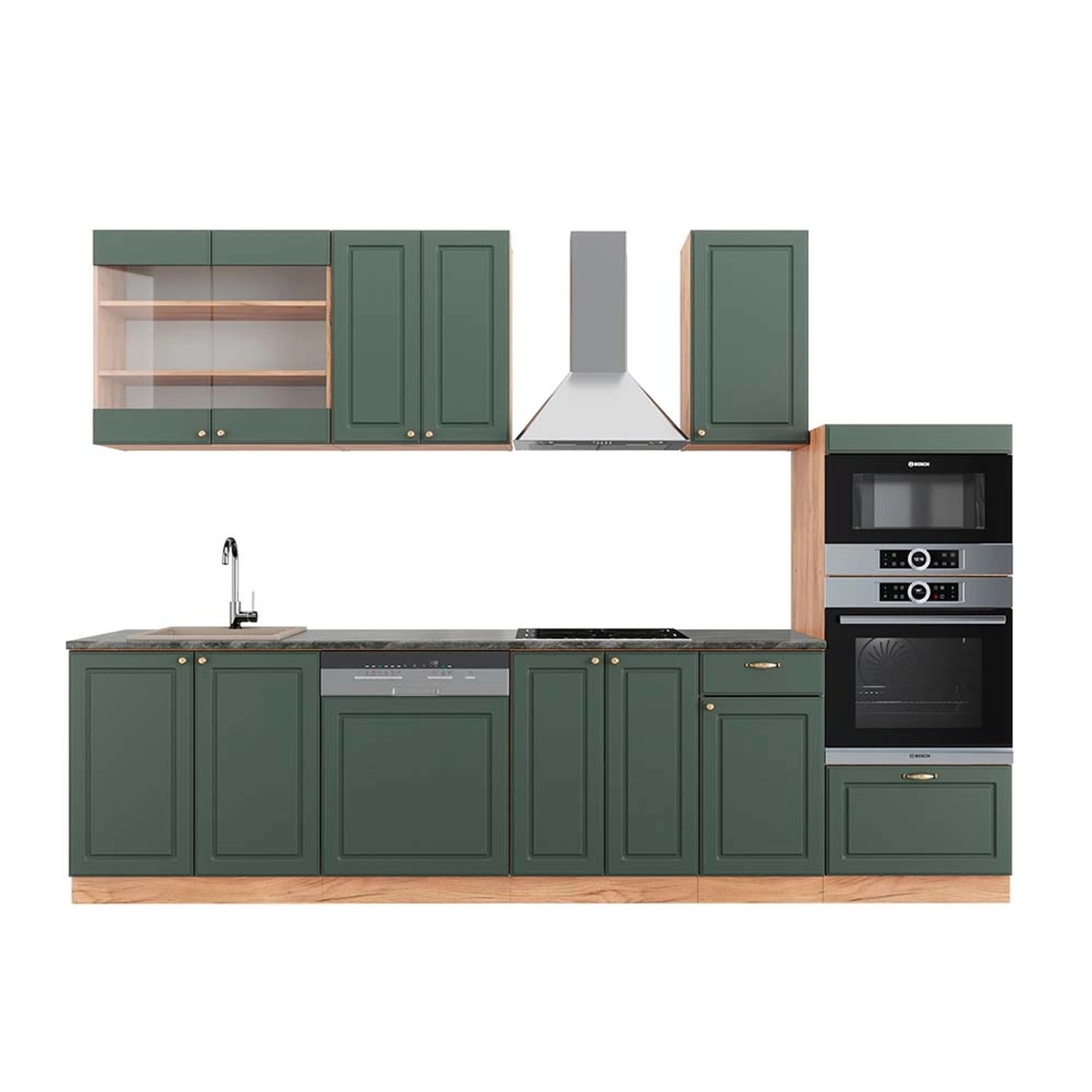 Vicco Fame-Line Küchenzeile Grün-Gold Landhaus/Goldkraft Eiche 300 cm mit H günstig online kaufen