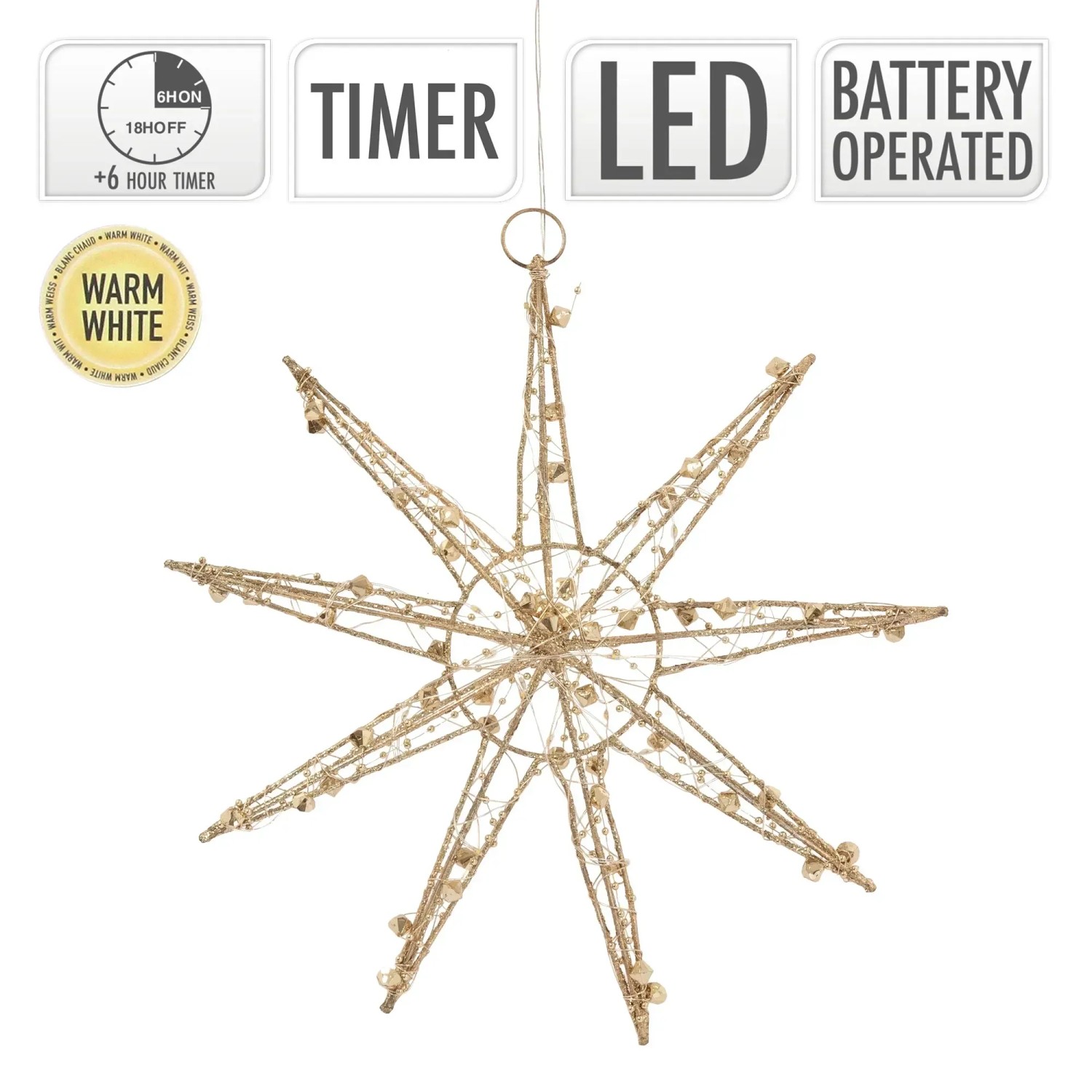 Goldener LED Deko Weihnachtsstern (30 cm) mit Timer für stimmungsvolle Weihnachtsdekoration.