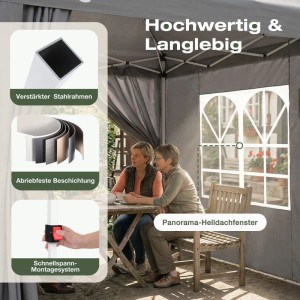 Grauer Sekey Faltpavillon 2x2m mit Seitenteilen, Fenster und Schnellspannsystem. Zwei Frauen entspannen im stabilen Zelt. Verstärkter Stahlrahmen.
