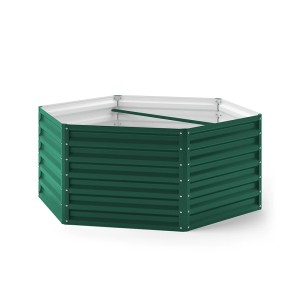 Grünes, sechseckiges OK-Living Hochbeet (148.5x129 cm) aus Metall für Garten oder Terrasse.