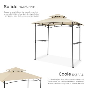 Sandfarbener Grillpavillon mit Doppeldach, Ablagen und Flaschenöffner.