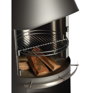 Buschbeck Grillrost Sydney aus Edelstahl im Kamingrill mit Holzscheiten.