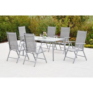 Merxx Amalfi Gartenmöbel-Set, 7-teilig: Gartentisch 150x90 cm mit 6 Klappsesseln in Diamantbraun.