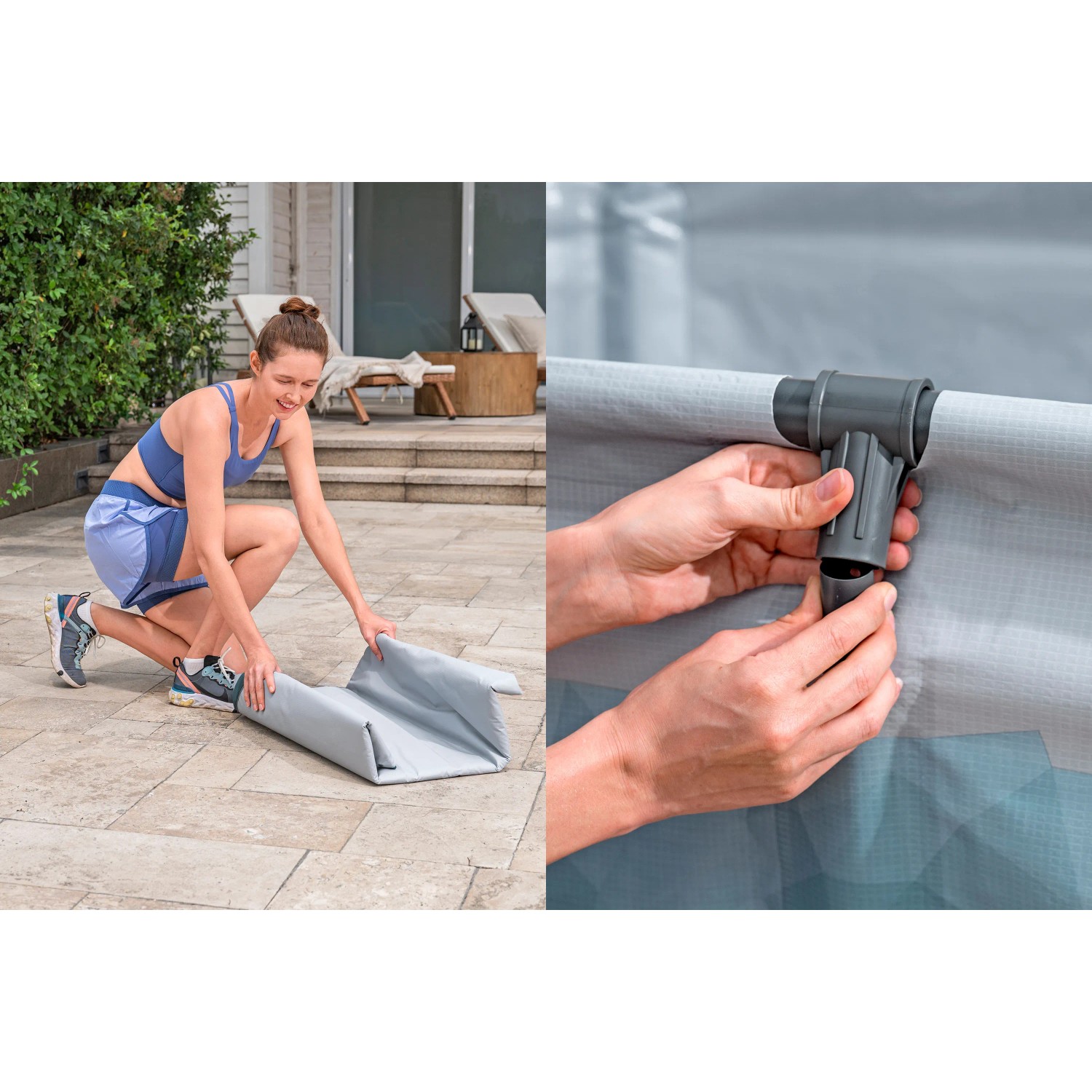 Aufbau des Bestway Eisbad Glacial Dip: Frau montiert Stahlrahmen und lichtgraue Poolfolie.