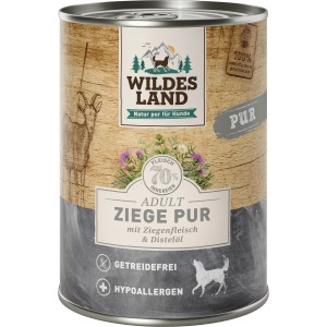 Wildes Land Hunde-Nassfutter Ziege Pur, getreidefrei mit Distelöl, 400g Dose.
