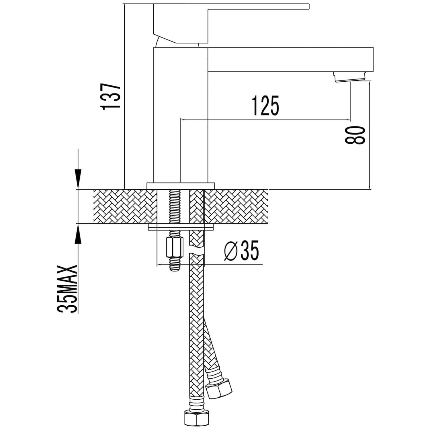 Technische Zeichnung der PaulGurkes Design Waschtischarmatur Eckig mit Maßen für die Installation.