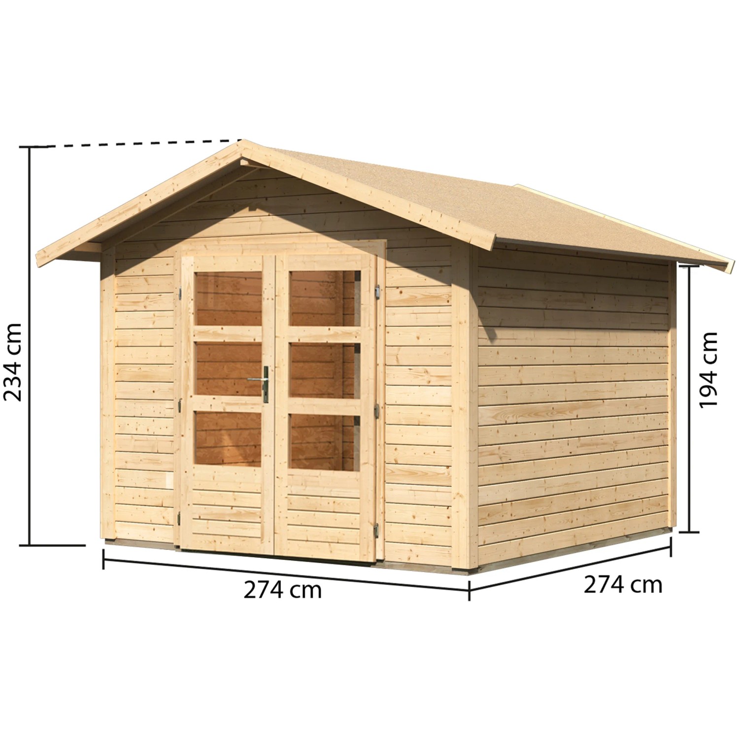 Karibu Holz-Gartenhaus Tyka, unbehandelt, mit Satteldach, 270x270 cm. Naturholz mit Doppeltür.